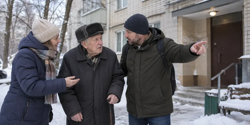 Пожилому мужчине помогают сориентироваться прохожие. Иллюстрация.
